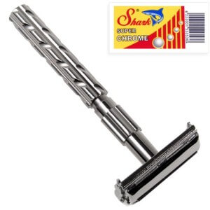 Parker-22R - Long-Handle-Butterfly-Open-Double-Edge-Safety-Razor-&-5-Shark-Super-Chrome-Blades-View1