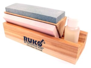 RUKO 6-Inch 3-Stone Honing Block Stones Knife Sharpener with Cedar Wood Base