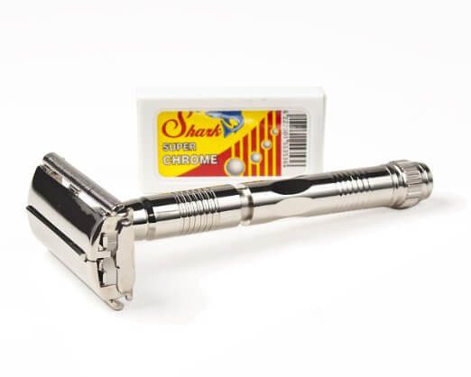 Parker 90R - Long-Handle-Butterfly-Open-Double-Edge-Safety-Razor-and-5-Shark-Super-Chrome-Blades-View1