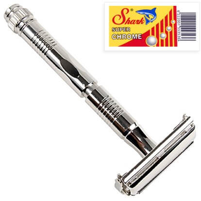 Parker 90R - Long-Handle-Butterfly-Open-Double-Edge-Safety-Razor-and-5-Shark-Super-Chrome-Blades-View2