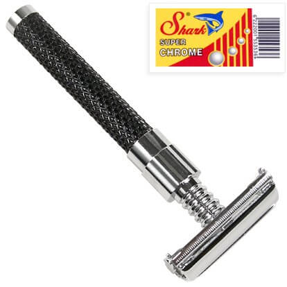 Parker-92R-Ultra-Heavyweight-Butterfly-Open-Double-Edge-Safety-Razor-&-5-Shark-Super-Chrome-Blades-View