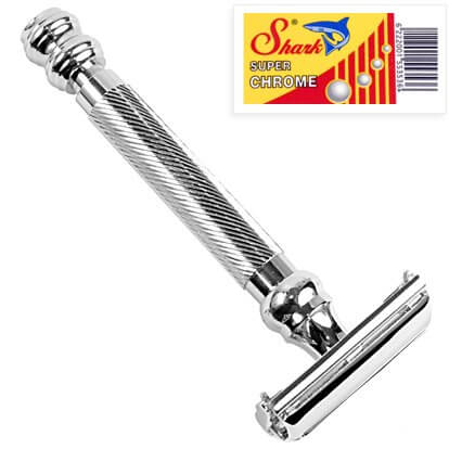 Parker 99R - Long-Handle-SUPER-HEAVYWEIGHT-Butterfly-Open-Double-Edge-Safety-Razor-&-5-Shark-Super-Chrome-Blades-View1